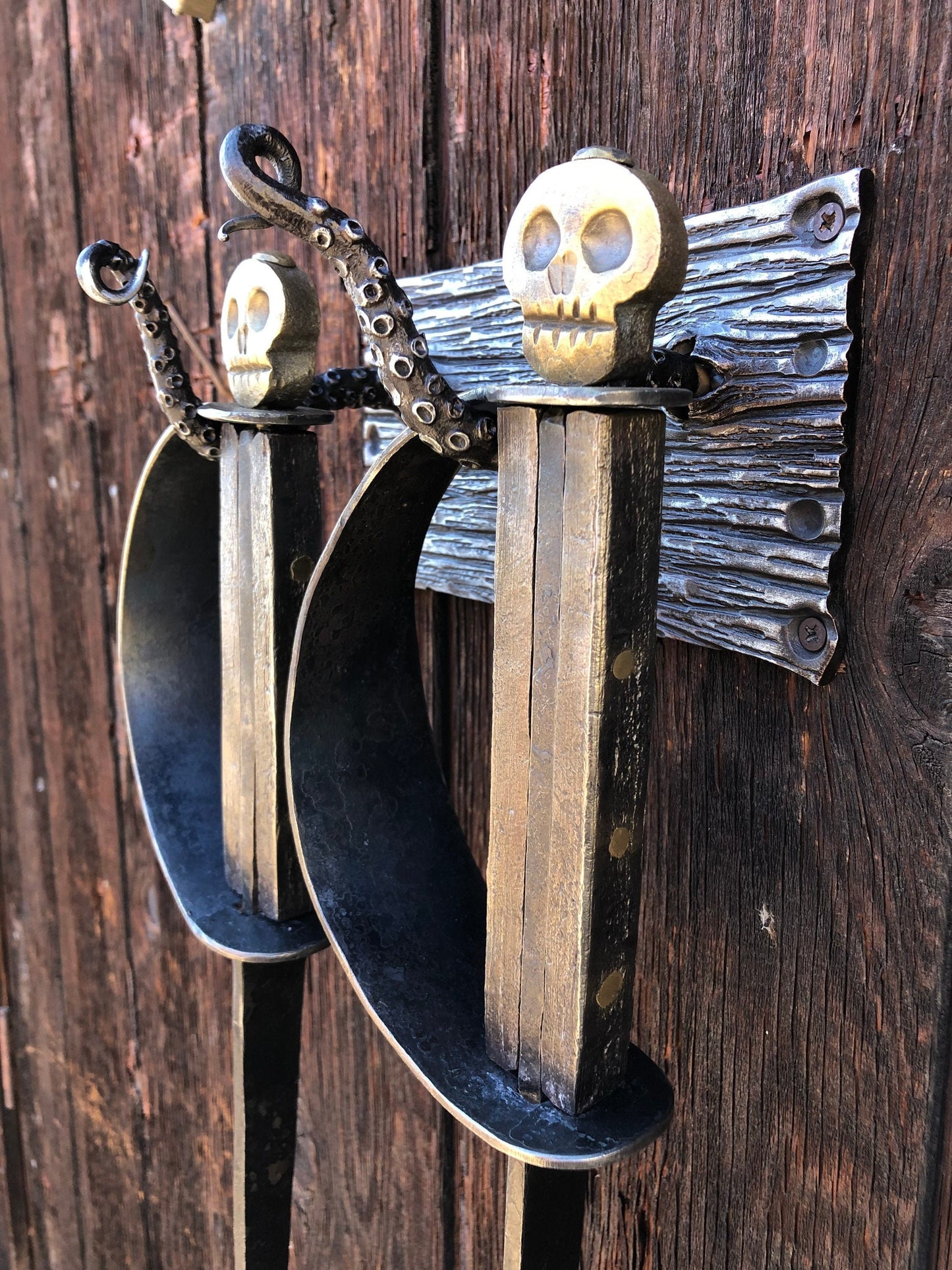 Fireplace Set Hand Forged Pirate Sword Style - Nautical Art - Wall Mounted - Handmade In USA