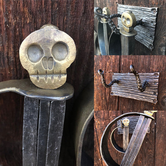 Fireplace Set Hand Forged Pirate Sword Style - Nautical Art - Wall Mounted - Handmade In USA