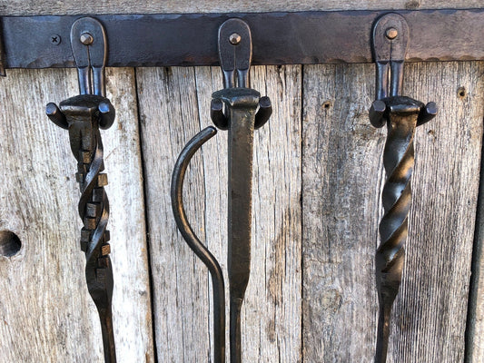 Fireplace Tool Set Twisted Railroad Spike Handles - Broom, Shovel, Poker, Ash Rake, Tongs, Wall Mounted Rack - Handmade In USA