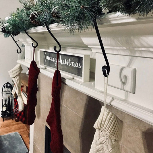 Christmas Family Stocking Holder Set - 8" and 12" -  Stocking Hanger, Rustic, Black Iron Mantel Hanger, Farmhouse, Steel - Handmade In USA
