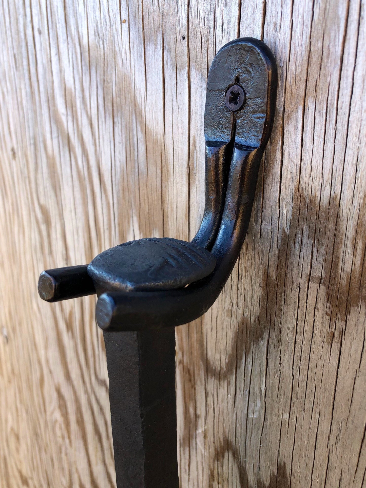 Metal Hook Hand Forged Iron - Fire Poker Hanger - Railroad Spike Handle - Handmade In USA