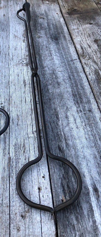 Log Grabber Fireplace Tongs Hand Forged - Metal - Iron - Railroad Spike Handle - Handmade In USA