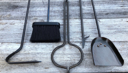 Fireplace Tool Set Twisted Railroad Spike Handles - Broom, Shovel, Poker, Ash Rake, Tongs, Wall Mounted Rack - Handmade In USA